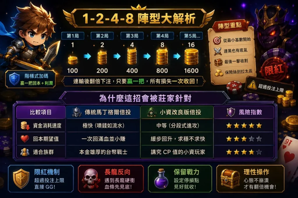 百家樂翻倍1-2-4-8策略，倍投陣型與風險解析