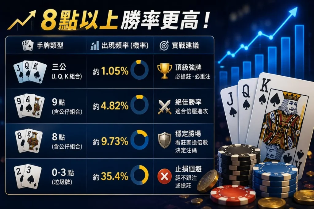 搶莊三公牌型分析資訊圖，整理三公、9點、8點及0至3點牌型出現機率、玩法建議與資金控管重點，協助玩家快速了解搶莊三公規則。