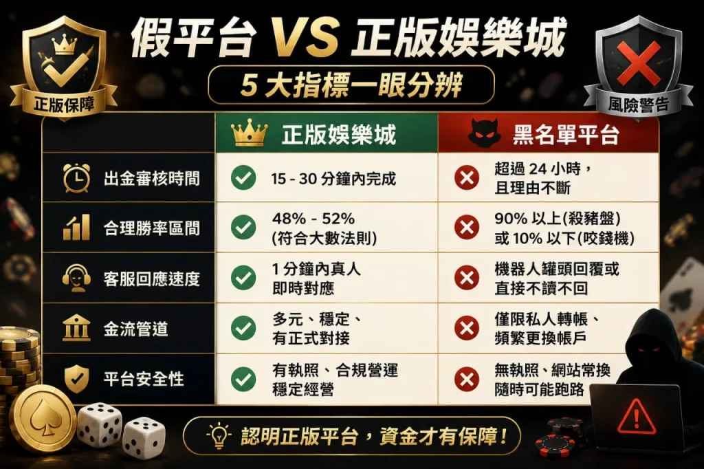 娛樂城詐騙比較資訊圖，整理正版娛樂城與黑名單平台五大辨識指標，包括出金速度、客服回應、金流管道、安全性及平台營運差異。
