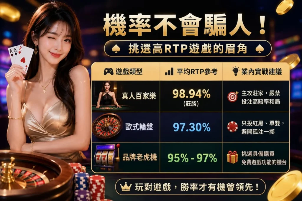 高RTP遊戲比較圖，整理真人百家樂、歐式輪盤與品牌老虎機的RTP參考與玩法建議。