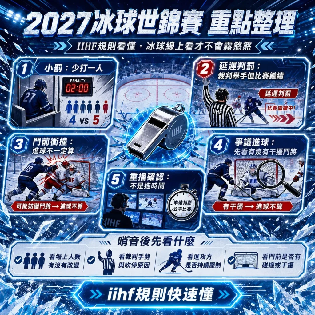 2027冰球世錦賽IIHF規則整理圖，透過五大重點說明小罰、延遲判罰、門前衝撞、爭議進球與重播確認機制，搭配裁判哨音判決流程，幫助新手快速看懂冰球比賽規則。
