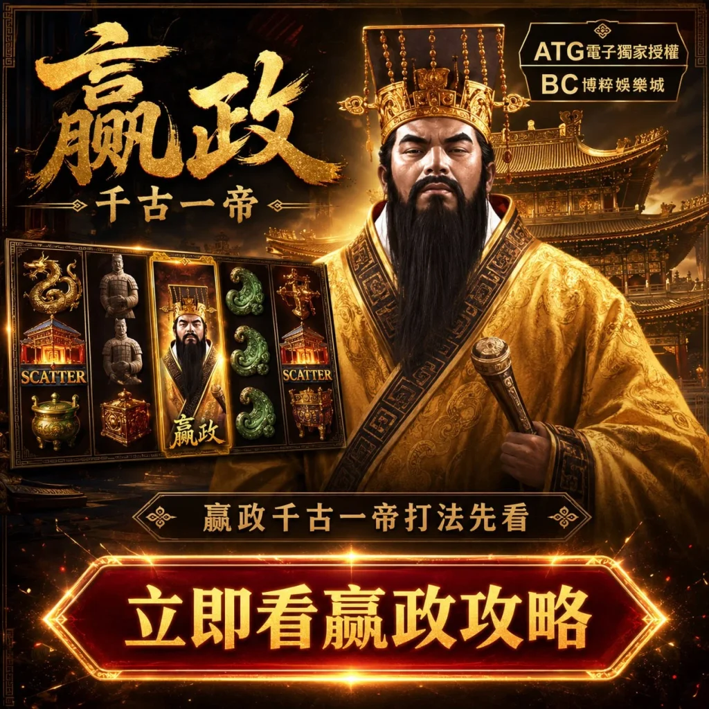 嬴政千古一帝打法宣傳圖，介紹嬴政千古一帝打法、ATG嬴政教學、Scatter符號、免費遊戲機制與官方授權平台資訊。