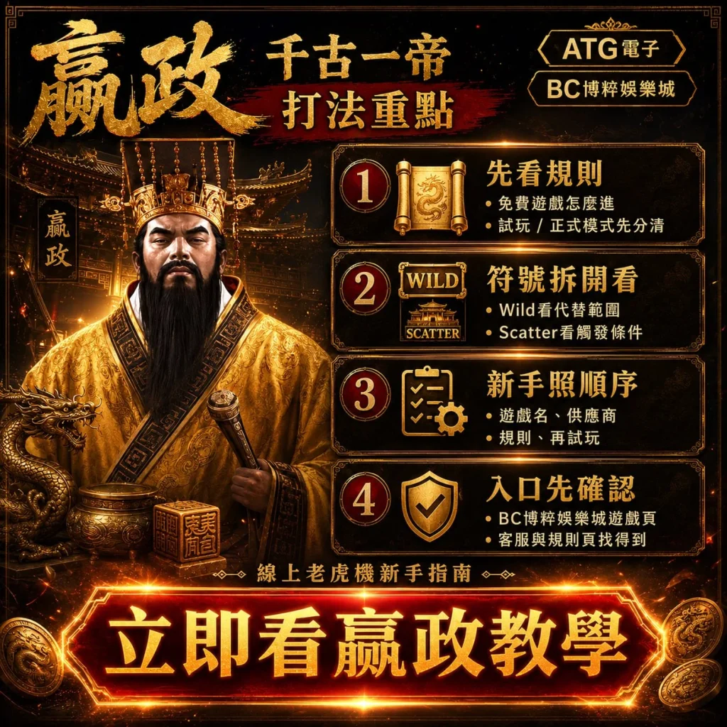 嬴政千古一帝打法教學圖，整理嬴政千古一帝打法、ATG嬴政教學、Wild與Scatter機制、官方入口辨識及新手攻略重點。