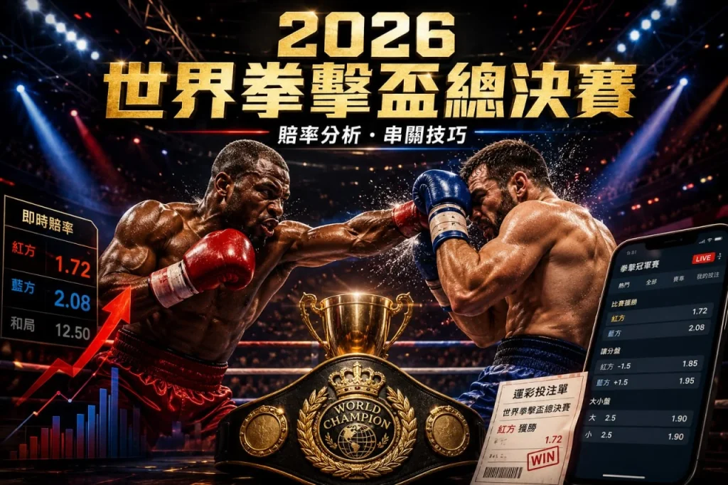 世界拳擊盃總決賽對戰畫面，展示世界拳擊盃總決賽賠率分析、運彩投注、冠軍賽對決、即時盤口與拳擊賽事重點。