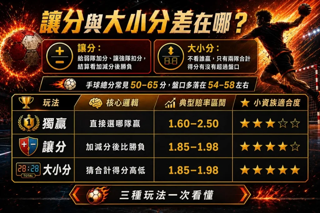 手球賽事賠率教學，比較手球賽事賠率讓分盤、大小分、獨贏盤差異，快速掌握2026運彩投注重點。