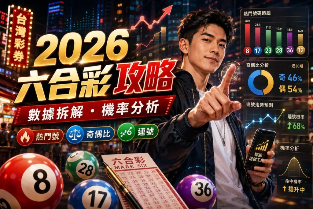 六合彩攻略2026數據分析封面圖，呈現熱門號碼、奇偶比、連號走勢與機率圖表