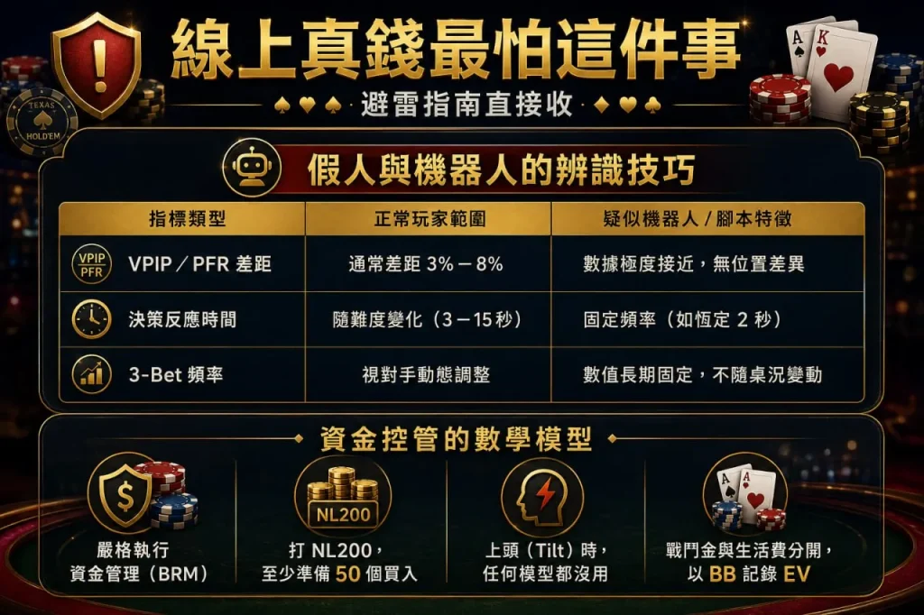 德州撲克推薦避雷指南，整理假人與機器人辨識、VPIP與PFR差距、反應時間及資金管理重點。