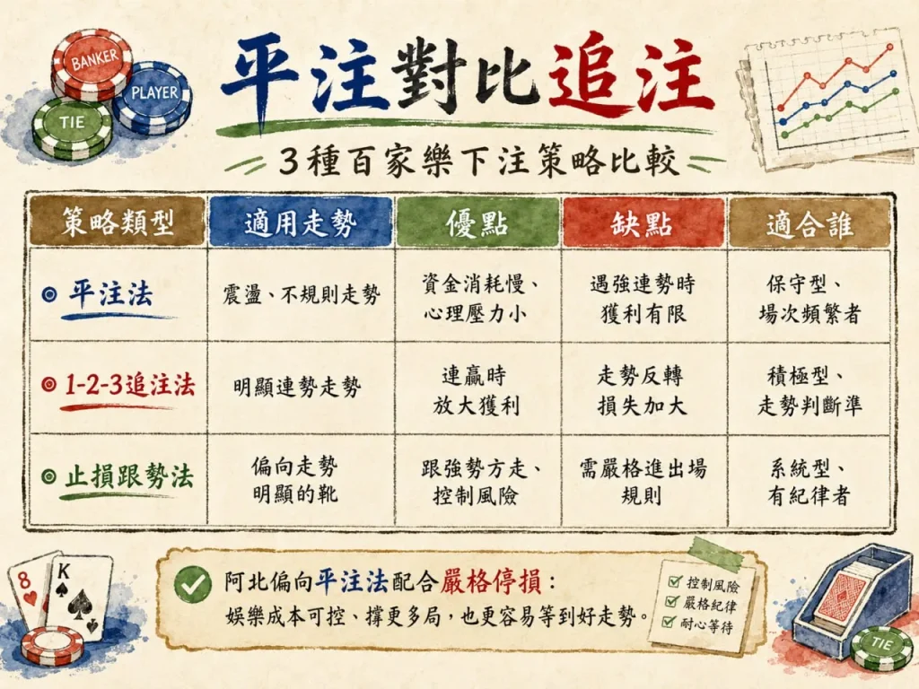 百家樂莊閒比例策略比較圖，整理平注法、1-2-3追注法與止損跟勢法的適用走勢、優缺點及風險