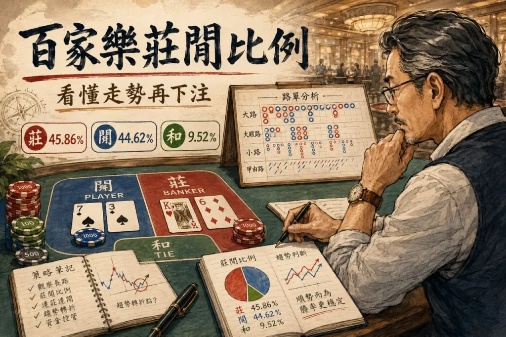 百家樂莊閒比例分析圖，玩家參考莊45.86%、閒44.62%與和9.52%的數據，搭配路單觀察牌局走勢