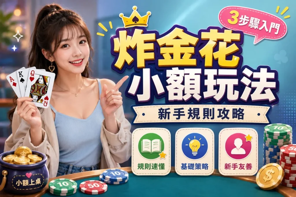 炸金花小額玩法新手攻略封面，美女手持撲克牌，搭配小額籌碼與3步驟入門重點，整理規則、基礎策略及新手操作方向。