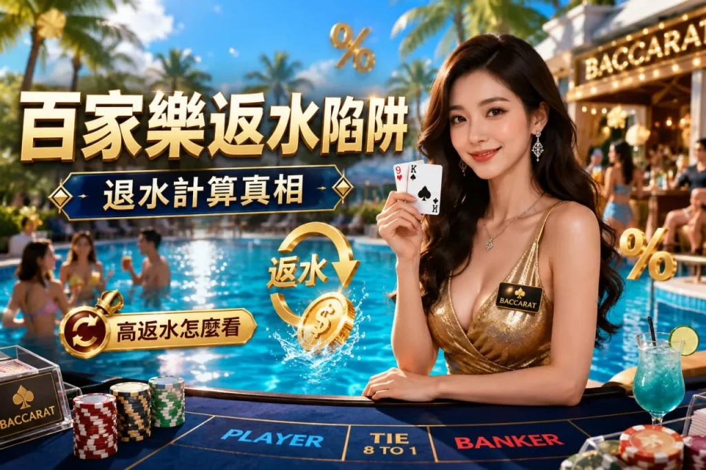 百家樂返水攻略封面，美女荷官手持撲克牌站在泳池牌桌旁，以返水百分比與金幣圖示呈現退水計算與高返水陷阱。