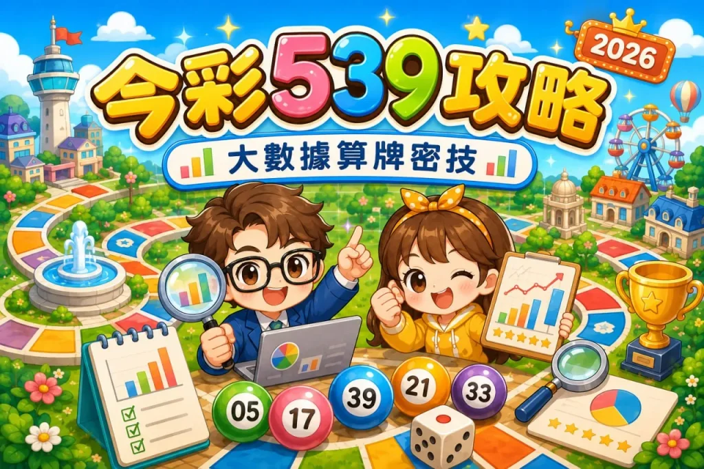 今彩539攻略封面圖，以可愛角色、539號碼球與數據圖表呈現2026大數據算牌密技，強調歷史資料與選號分析。
